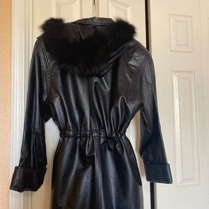 Black genuine leather lined coat with hood